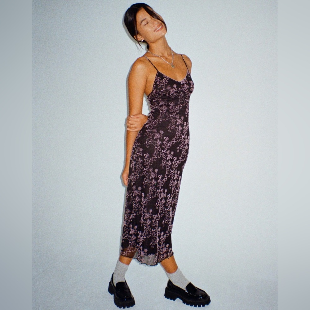 Motel Rocks Cotina Midi Dress in Butterfly Vine Black and Pink